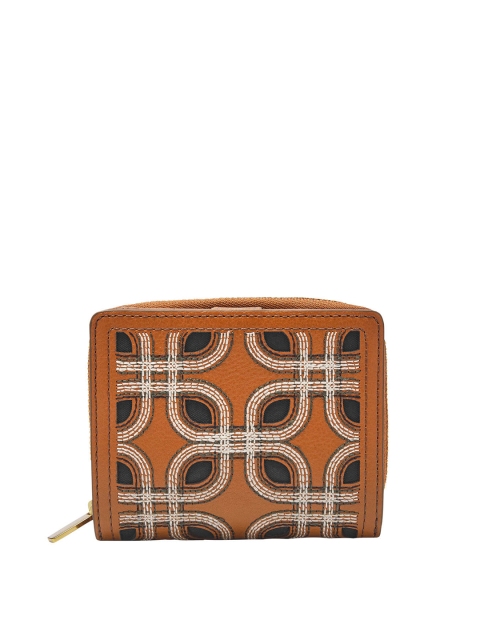 Fossil Women Brown & Black Geometric Embroidered Leather Zip Around Wallet