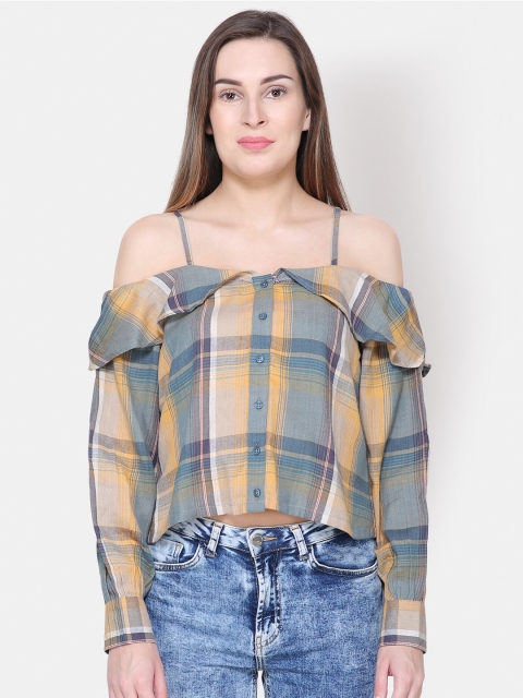 Yaadleen Women Yellow & Green Checked Casual Off Shoulder Top