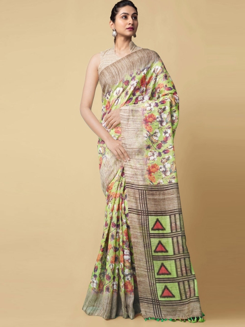 Unnati Silks Green & Brown Floral Linen Blend Jamdani Saree