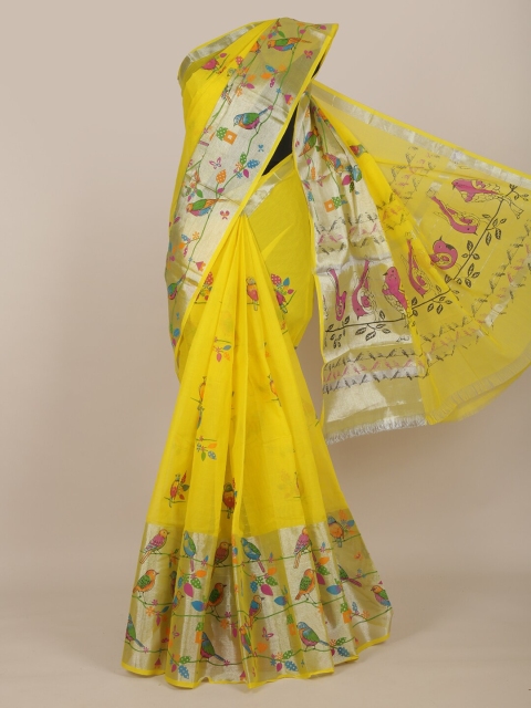 Pothys Yellow & Blue Floral Pure Cotton Saree