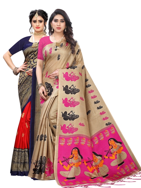 KALINI Pack Of 2 Navy Blue & Beige Zari Art Silk Sarees