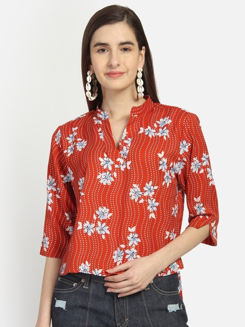 Yaadleen Orange Floral Mandarin Collar Crepe Regular Top
