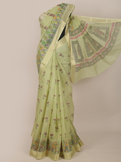 Pothys Green & Pink Floral Zari Saree