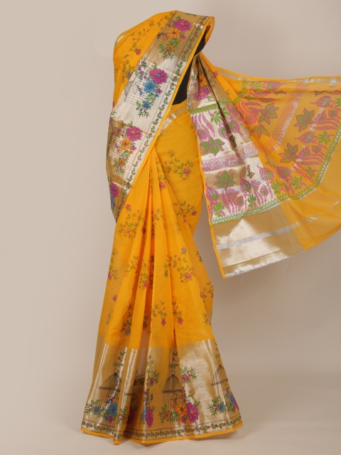 Pothys Yellow & Green Floral Zari Pure Cotton Saree