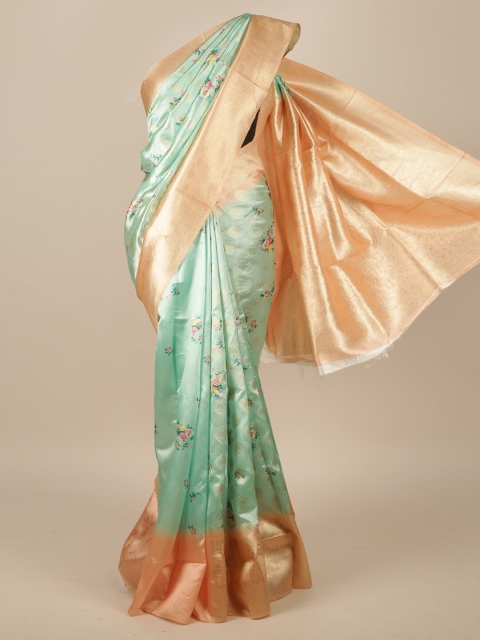 Pothys Sea Green & Pink Floral Zari Jute Silk Saree