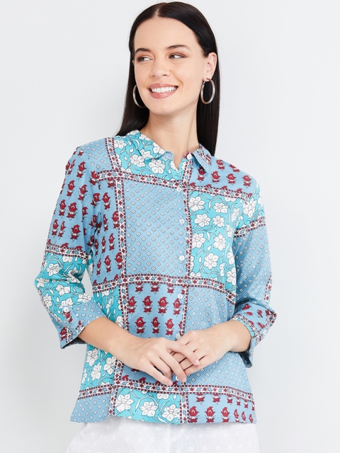 max Women Blue & Maroon Floral Printed Casual Shirt