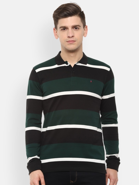 Louis Philippe Sport Men Green Striped Polo Collar Slim Fit T-shirt