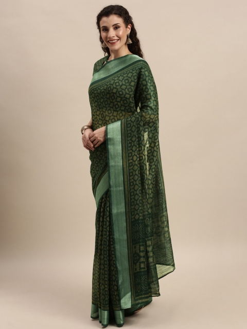 Kvsfab Green Ethnic Motifs Cotton Blend Saree