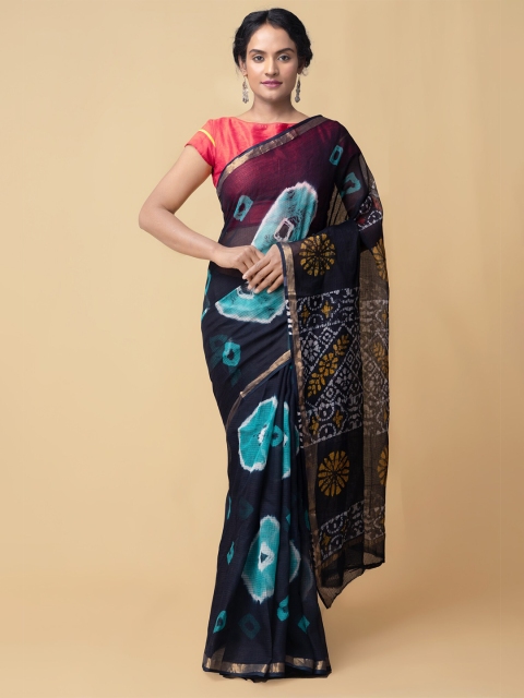 Unnati Silks Women Navy Blue Pure Refreshing Batik Shibori Kota Saree Cotton Saree