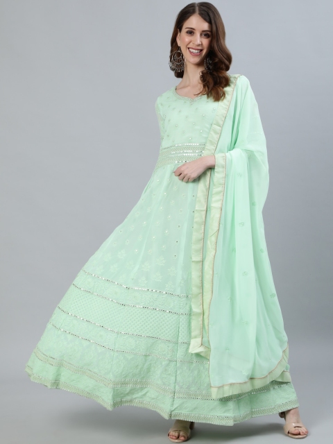 Ishin Women Green Embroidered Georgette Anarkali Kurta with Dupatta