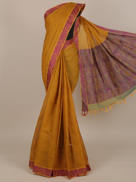 Pothys Mustard Yellow & Pink Woven Design Pure Cotton Saree