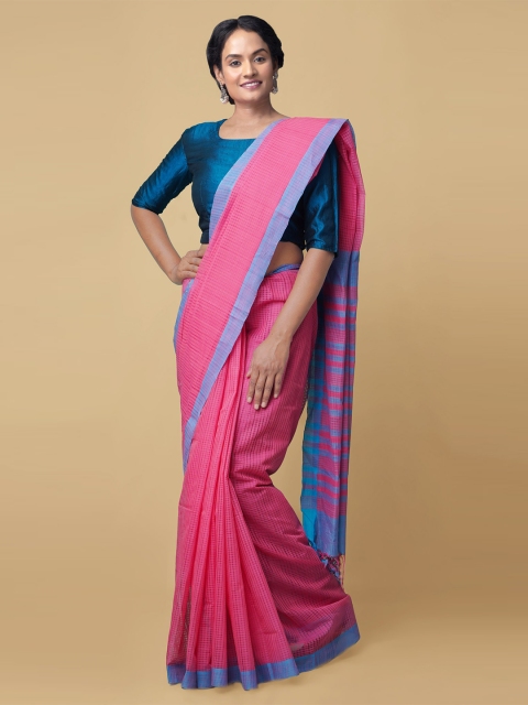 Unnati Silks Pink & Blue Checked Pure Cotton Mangalagiri Handloom Saree