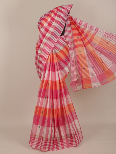 Pothys Orange & Pink Checked Pure Cotton Saree