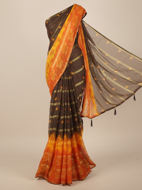 Pothys Brown & Orange Checked Poly Chiffon Saree
