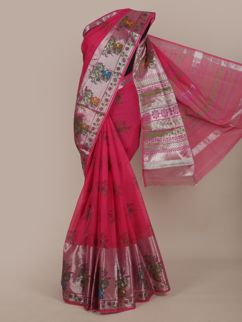 Pothys Pink & Silver-Toned Floral Pure Cotton Saree