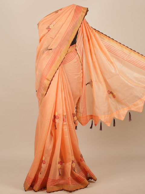 Pothys Peach-coloured Striped Embroidered Jute Silk Saree