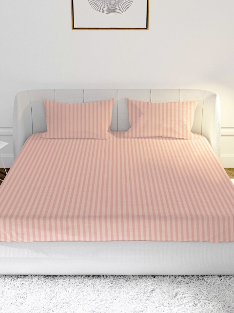 MAYFAIR HOMES LONDON Peach Striped 210 TC King Bedsheet with 2 Pillow Covers