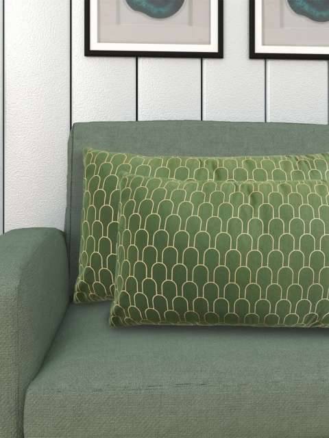 Home Centre Green & Gold-Toned Set of 2 Geometric Rectangle Cushion Covers