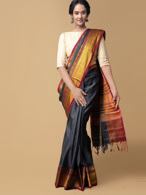 Unnati Silks Grey & Gold-Toned Pure Cotton Narayan Peth Saree