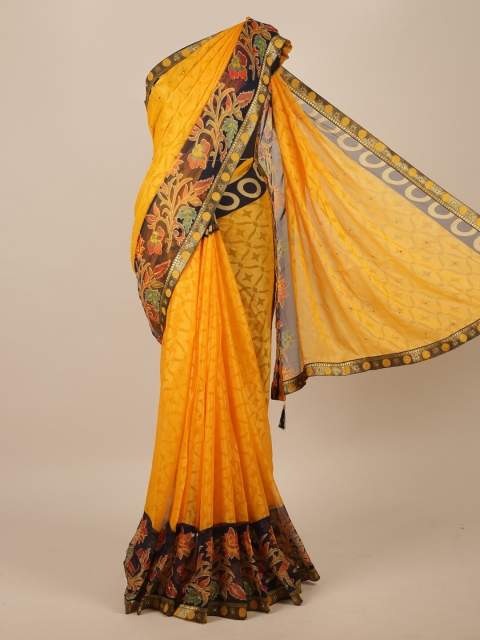 Pothys Yellow & Black Floral Sequinned Poly Chiffon Saree