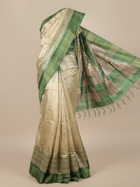 Pothys Cream & Green Jute Silk Saree
