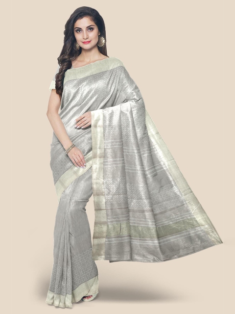KLM Fashion Mall Grey & Silver-Toned Linen Blend Banarasi Saree