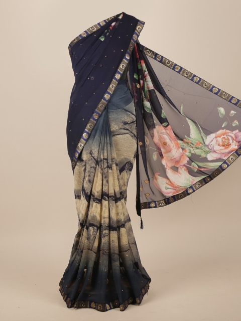 Pothys Cream & Navy Blue Floral Poly Chiffon Chanderi Saree