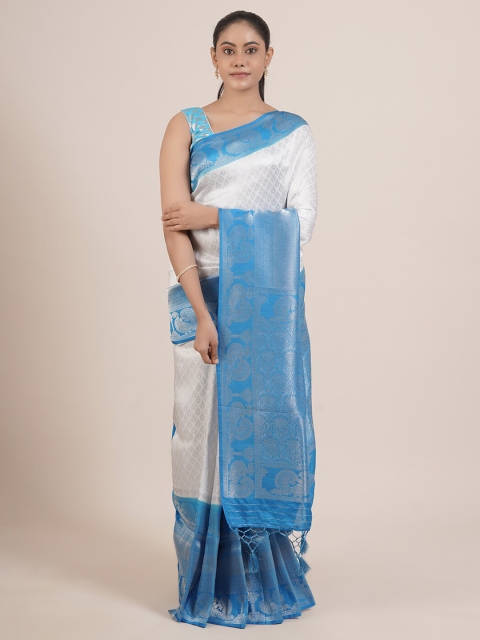 Pothys White & Turquoise Blue Ethnic Motifs Tissue Saree
