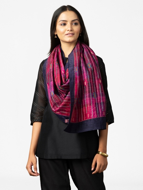 Fabindia Women Burgundy & Navy Blue Embroidered Kantha Chaukor Stole