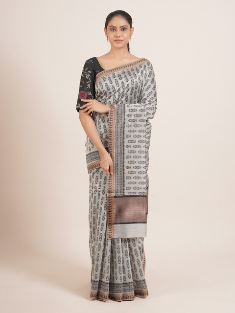 Pothys Grey & Brown Ethnic Motifs Silk Blend Saree