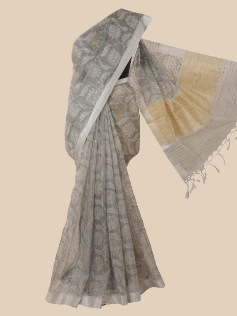 Pothys Grey Floral Tissue Saree