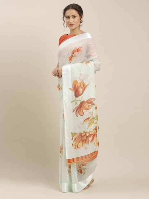 Kvsfab Green & Rust Floral Linen Blend Saree
