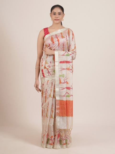 Pothys Cream & Orange Warli Zari Khadi Saree