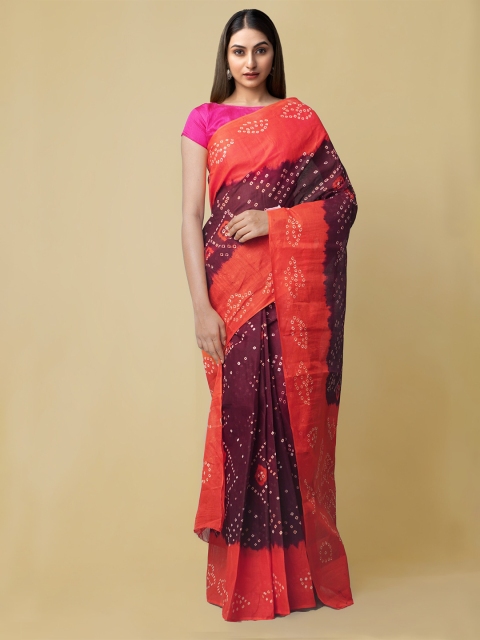 Unnati Silks Maroon & Orange Bandhani Pure Cotton Bandhani Handloom Saree
