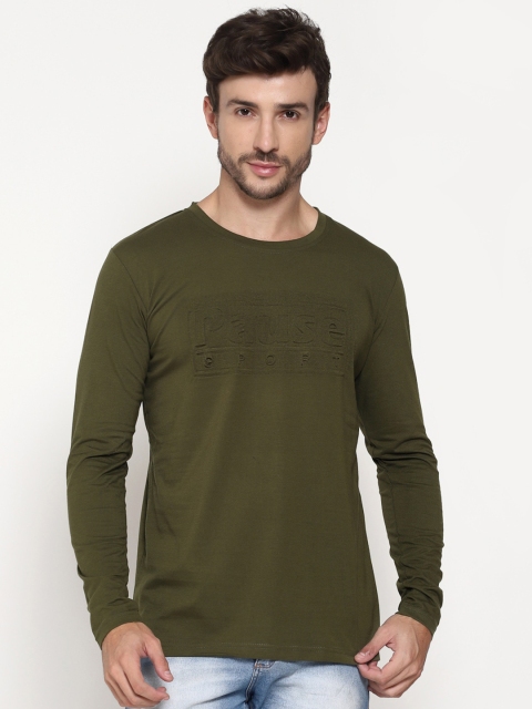 PAUSE SPORT Men Olive Typography Printed Slim Fit T-shirt