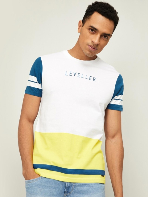 Bossini Men White & Yellow Colourblocked Slim Fit Cotton T-shirt