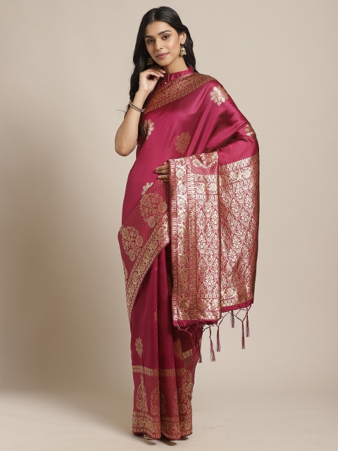 Saree mall Magenta & Gold-Toned Ethnic Motifs Silk Blend Banarasi Sarees