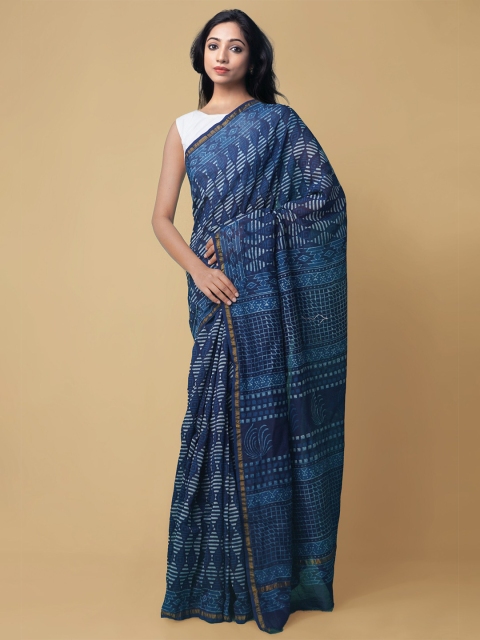Unnati Silks Navy Blue & White Dabu Silk Cotton Chanderi Saree