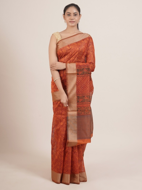 Pothys Orange & Gold-Toned Floral Saree