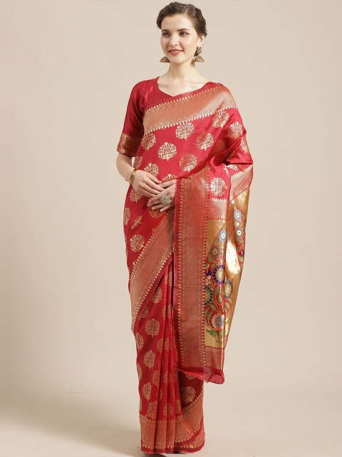 Saree mall Red & Gold-Toned Woven Design Zari Silk Blend Banarasi Sarees