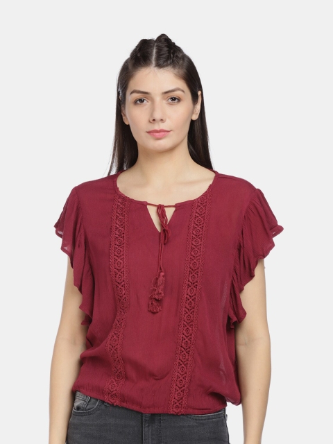 Aeropostale Red Tie-Up Neck Flutter Sleeve Regular Top