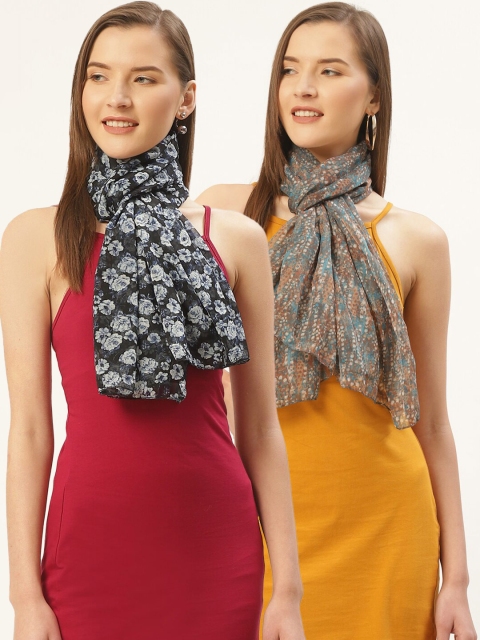 Trend Arrest Women Pack of 2 Printed Scarf, Blue