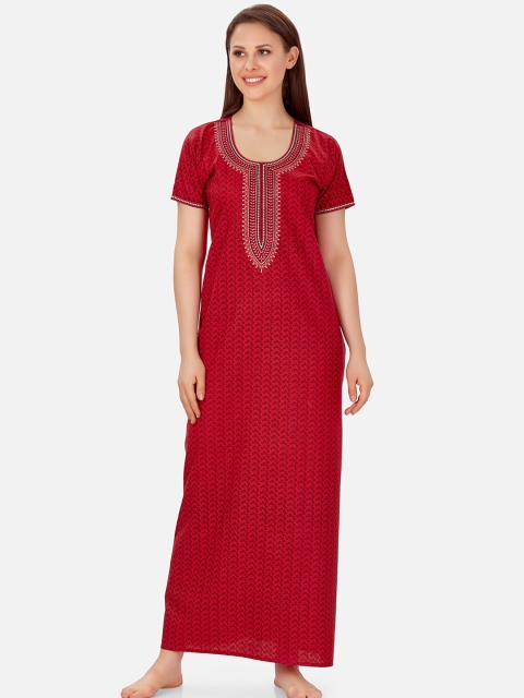 Sand Dune Printed Cotton A-line Nightdress, Red
