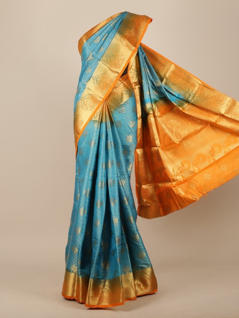 Pothys Blue & Gold-Toned Woven Design Zari Jute Silk Saree