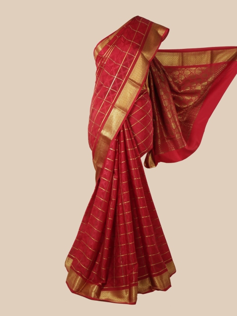 Pothys Red & Gold-Toned Checked Pure Silk Mysore Silk Saree