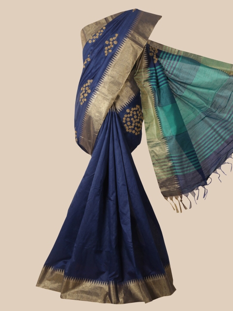 Pothys Blue & Gold-Toned Ethnic Motifs Jute Silk Saree