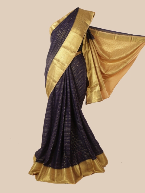 Pothys Blue & Gold-Toned Striped Pure Silk Mysore Silk Saree