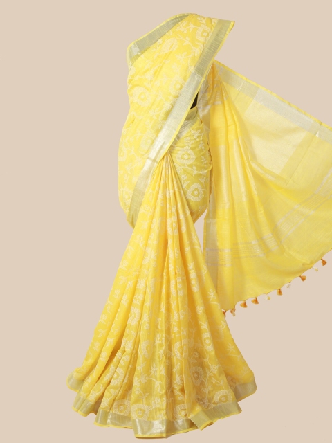 Pothys Yellow & White Floral Jute Cotton Saree