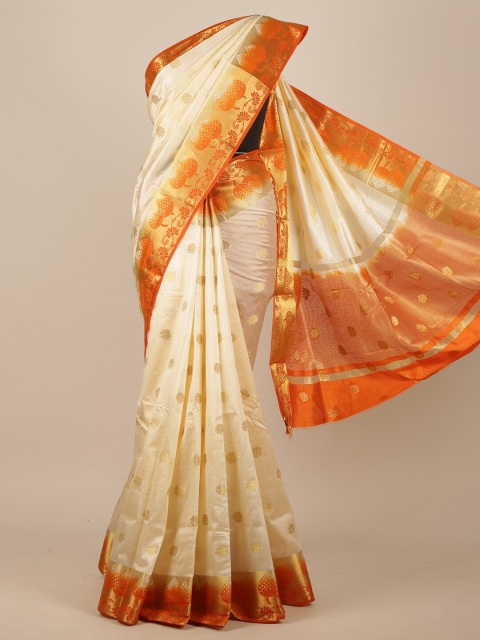 Pothys Cream & Orange Woven Design Jute Silk Saree