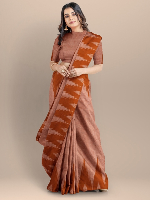 BharatSthali Peach & Rust Pure Cotton Sambalpuri Saree
